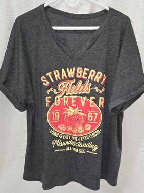 Strawberry Fields Forever Graphic Tee - Dark Gray with Red & Cream Print